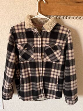 Soho Sherpa-Lined Plaid Shacket in Black and Cream with Pale Pink Accent